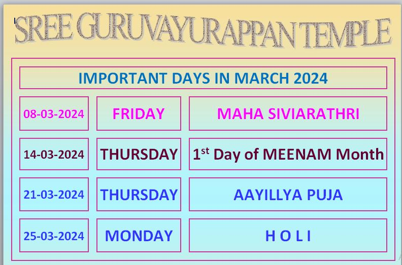 Events Calendar Temple Calendar Sree Guruvayurappan Samajam Calcutta